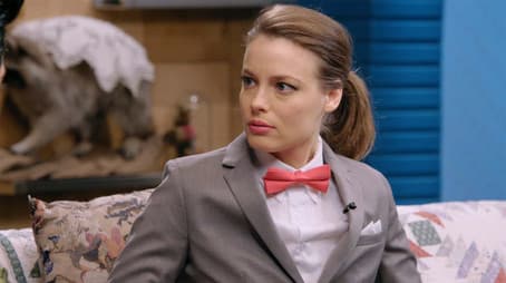 Gillian Jacobs Wears a Gray Checkered Suit and a Red Bow Tie